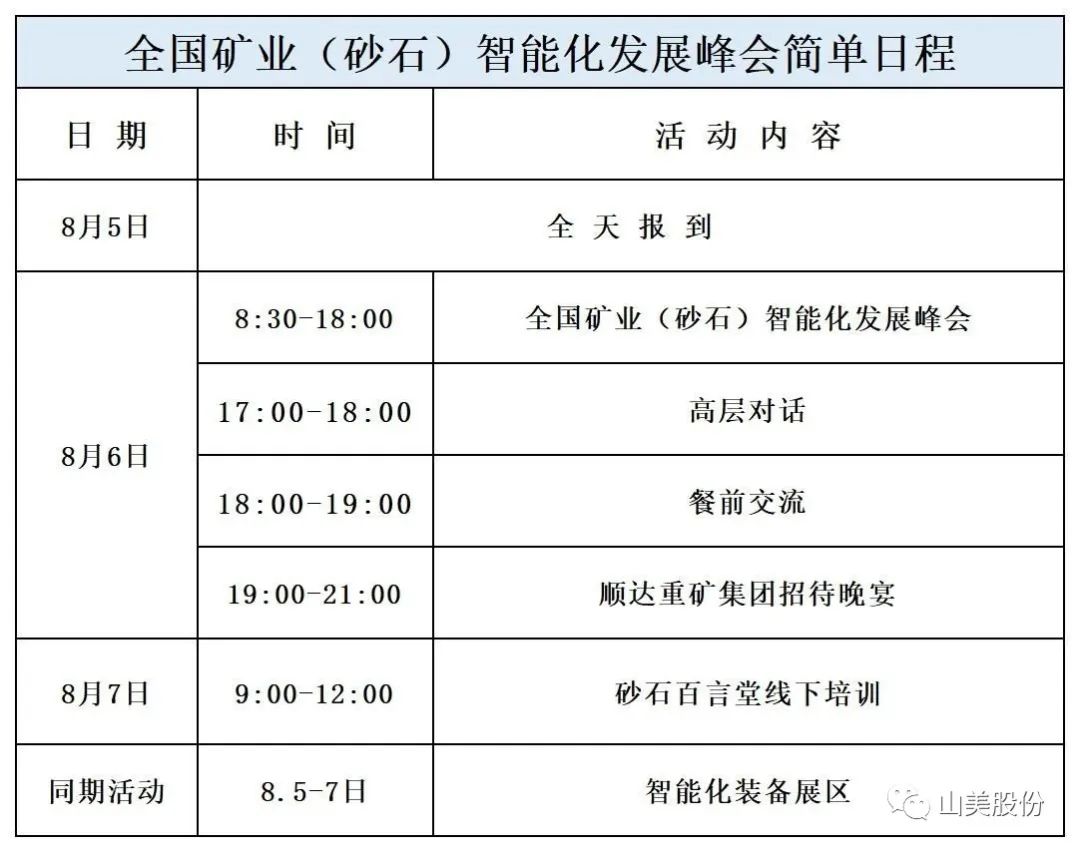 【會(huì)議預(yù)告】上海山美股份與您相約長(zhǎng)沙全國(guó)礦業(yè)（砂石）智能化發(fā)展峰會(huì)